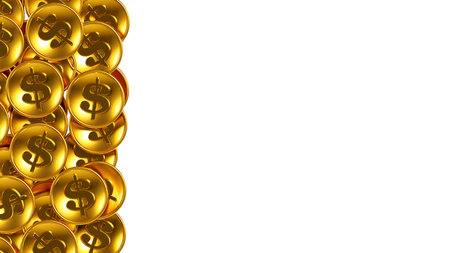 3D rendering of a pile of golden dollar coins on a white background, finance, investment and savings conceptの写真素材