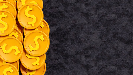 3D rendering of a pile of golden dollar coins on a color background, finance, investment and savings conceptの写真素材