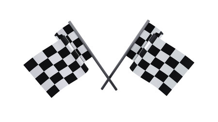 3D rendering of checker crossed flag pair, waving checker flags to crown a champion or the winner of a race on a white backgroundの写真素材