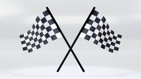 3D rendering of checker crossed flag pair, waving checker flags to crown a champion or the winner of a race on a color backgroundの写真素材