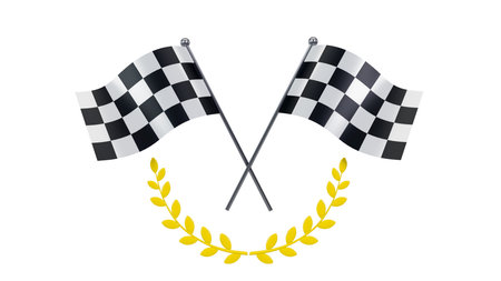 3D rendering of checker crossed flag pair, waving checker flags to crown a champion or the winner of a race on a white backgroundの写真素材