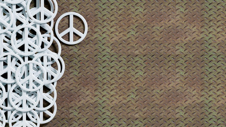 3D rendering of many white peace symbols on a diamond plate background, international peace icons for anti-war or nuclear disarmamentの写真素材