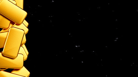 3D rendering of a pile of gold bars on a dark background, business, finance gold price, investment and savings conceptの写真素材