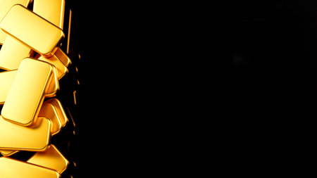 3D rendering of a pile of gold bars on a dark background, business, finance gold price, investment and savings conceptの写真素材