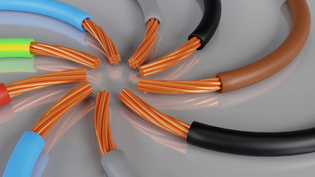 3D rendering of Standard color code for electrical wiring on a white background, 3-phase systemの写真素材