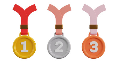 3D rendering of golden, silver and bronze award medals with color ribbons set on white background, winner prize, competition champion award, Sports and recreation conceptの写真素材