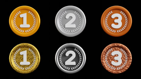 3D rendering of golden, silver and bronze award medals set on dark background, winner prize, competition champion award, Sports and recreation conceptの写真素材