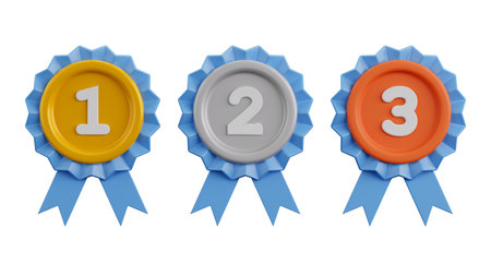 3D rendering of golden, silver and bronze award medals with blue ribbon set on white background, winner prize, competition champion award, Sports and recreation conceptの写真素材