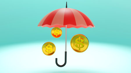 3D rendering of dollar coins under an umbrella, business income protection, safe income, financial savings insurance, Investments and business security conceptの写真素材