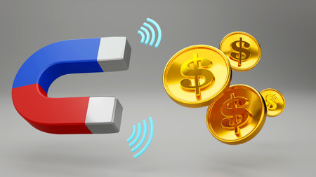 3D rendering of a magnet that is attracting to the dollar coins, advantage, money attracting, investment, Financial and business conceptの写真素材