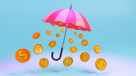 3D rendering of dollar coins fall from umbrella, fast economic growth and income, financial savings insurance, Wealth and financial growth conceptの写真素材