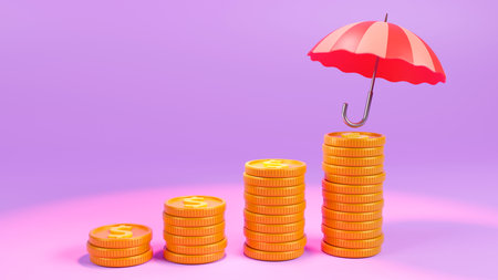 3D rendering of dollar coins under an umbrella, business income protection, safe income, financial savings insurance, Investments and business security conceptの写真素材