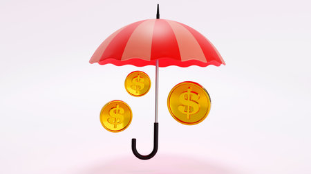 3D rendering of dollar coins under an umbrella, business income protection, safe income, financial savings insurance, Investments and business security conceptの写真素材