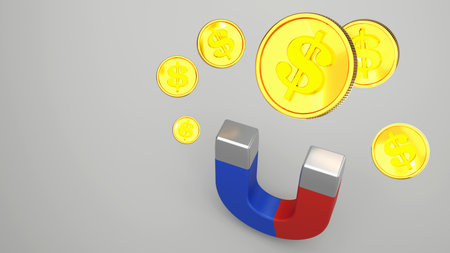 3D rendering of a magnet that is attracting to the dollar coins, advantage, money attracting, investment, Financial and business conceptの写真素材