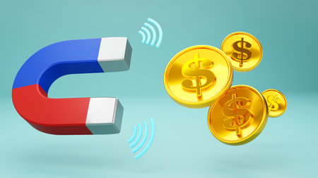 3D rendering of a magnet that is attracting to the dollar coins, advantage, money attracting, investment, Financial and business conceptの写真素材