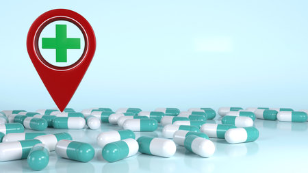 3D rendering of pharmacy location pin on pills, navigation pin icon for mobile and web app designの写真素材