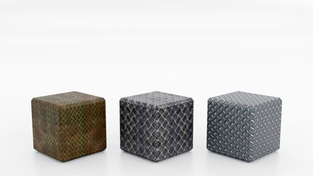 3D rendering of type of metal cubes, diamond plate texture for display on a white backgroundの写真素材