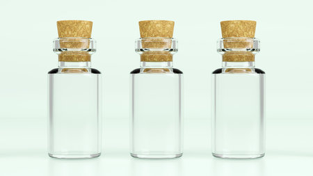 3D rendering of empty little glass bottles with cork stoppers on a color background, Accessories in the laboratory conceptの写真素材