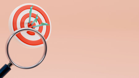 3D rendering of magnifying glass over target, target customer, goal achievement and purposefulness, challenge in business conceptの写真素材