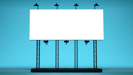 3D rendering of a blank billboard with white screen and lighting on a color background, copy space banner for advertisement, outdoor frame template poster media Ads displayの写真素材