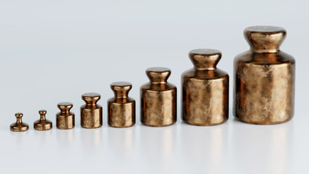 3D rendering of different size of metal calibration weight on color backgroundの写真素材