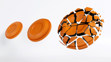 3D rendering of shattered  clay shooting target on a color backgroundの写真素材