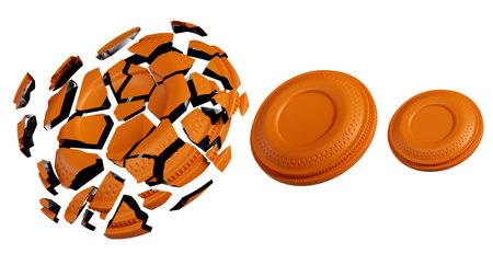 3D rendering of shattered  clay shooting target on a white backgroundの写真素材