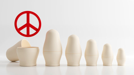 3D rendering of Russian Dolls and peace symbol on white background, Peace and freedom conceptの写真素材