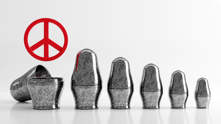 3D rendering of metal Russian Dolls and a peace symbol on a white background, Peace and freedom conceptの写真素材
