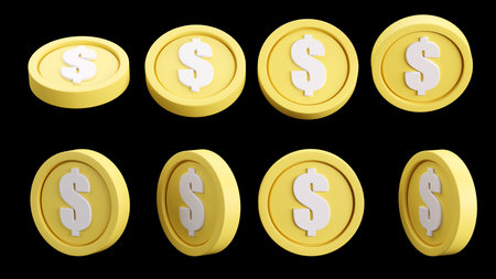 3D rendering of dollar coins set on a dark background, currency and business conceptの写真素材