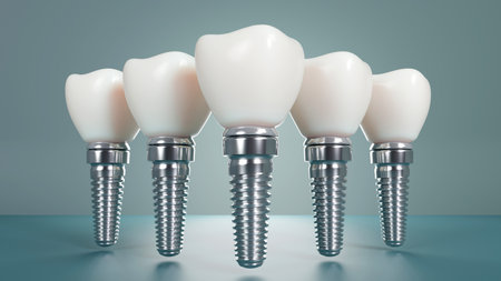 3D rendering of tooth implants with ceramic crowns on color background, Modern dental surgery conceptの写真素材