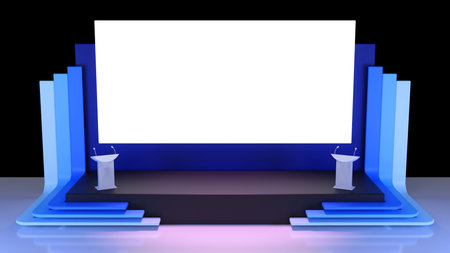 3D rendering of stage and big blank screen backdrop with a color stairway and podiums for presentation and all eventsの写真素材