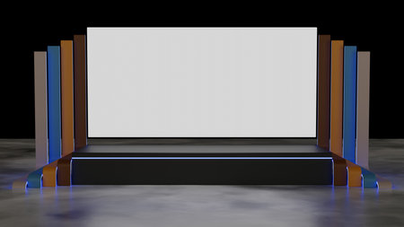 3D rendering of stage and big blank screen backdrop with a color  stairway for presentation and all eventsの写真素材