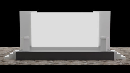 3D rendering of big blank screen backdrop and podium on stage with stairway for speaker and conference eventの写真素材