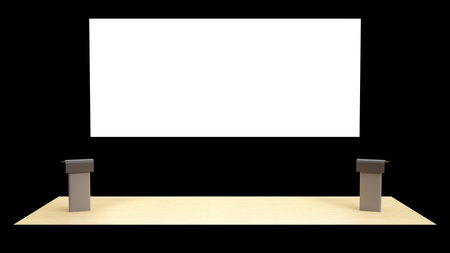 3D rendering of big blank screen backdrop and podium on stage for speaker and conference eventの写真素材