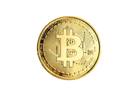 Golden bitcoin on white background, modern digital crypto currency on cyber world, online business and exchange for cash, Business and finacial conceptの写真素材