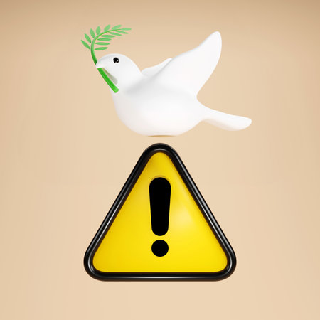 3D rendering of an exclamation mark under peace sign, violation of freedom may symbolize restriction of freedom of expression, opinions and open an ideaの写真素材