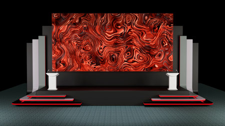 3D rendering of stage and big screen backdrop with a color stairway and podiums for presentation and all eventsの写真素材