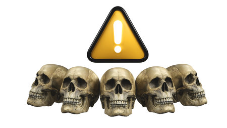 3D rendering of a human skull with an exclamation icon, suspicious death, death riddle, Warning and alert designの写真素材