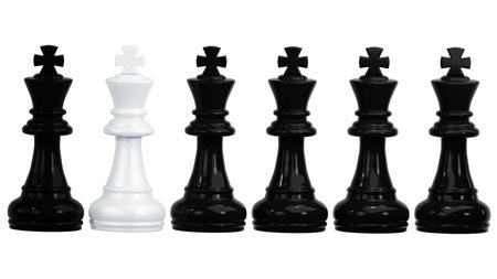 3D rendering of a white king chess piece in  black king chess on a white background, distinction as a leader, leadership, teamwork, management conceptの写真素材