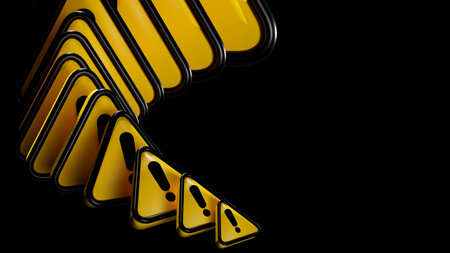 3D rendering of tiny triangle exclamation mark with collapse to make a bigger one fall, small things cause big problems, warning of economic recession, global economic crisis conceptの写真素材