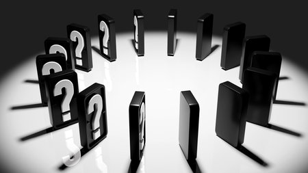 3D rendering of dominoes with a question mark, companies training, board game of dice with a winner and a loser, Domino effect business conceptの写真素材
