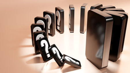 3D rendering of tiny dominoes with a question mark collapse to make a bigger one fall, small things cause big problems, financial status and investment in the domino effect conceptの写真素材