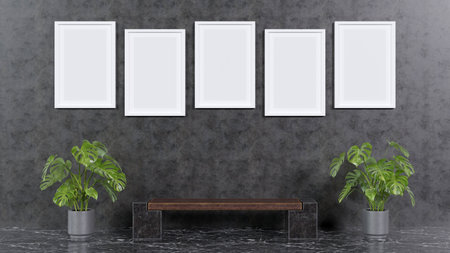 3D rendering of mock-up frame on color texture background with modern bench and tree pot in  the waiting room, home office modern interior designの写真素材