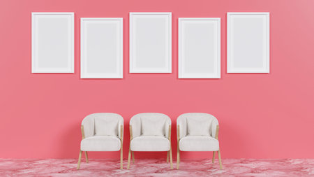 3D rendering of mock-up frame on pink color texture background with modern seats in  the living room, modern interior designの写真素材