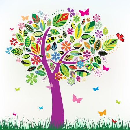Beautiful floral tree with green grass and butterfliesのイラスト素材