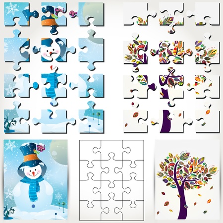 Vector snowman background and autumn tree background puzzle illustration.のイラスト素材