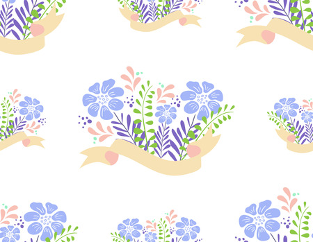 Seamless texture with delicate bouquet of wild flowers with ribbons.のイラスト素材