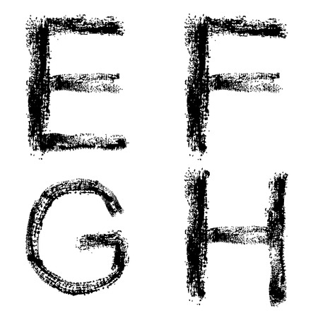 Art sketched stylized grunge alphabet. Hand drawn letters, signs E, F, G, H. Graphic elements.のイラスト素材