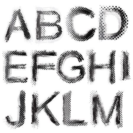 Art sketched stylized grunge alphabet. Halftone dots alphabet. Hand drawn letters. Graphic elements.のイラスト素材